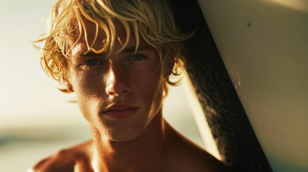 Portrait of a handsome young blond surfer holding a surfboard, shade from the sun's rays. Beach holiday concept. Generative AI.の素材