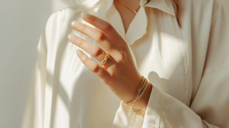 Aesthetic female hand with a light manicure and jewellery. Light sunny background with strong shadows. Generative AI.の素材