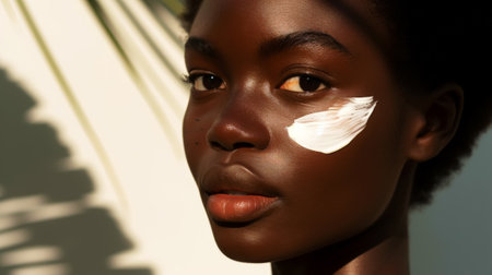 Close-up of young american african girl with aesthetic rough smear of face cream. Advertisement concept. Generative AI.の素材