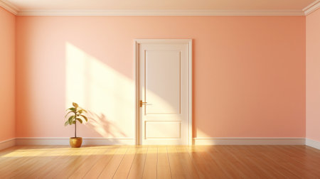 Peach fizz colored interior, empty room with door, lots of sunlight. Minimalistic contemporary concept. Generative AI.の素材