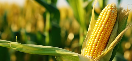 Close-up of ripe golden corn cobs in corn plantation field. Agriculture background. Generative AI.の素材