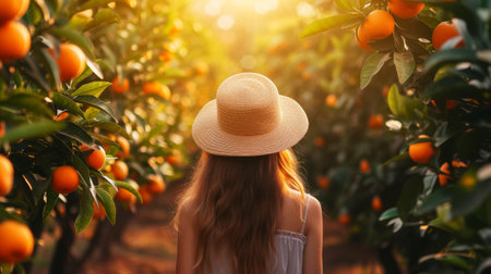 Girl in straw hat walks along rows of orange trees at sunset. Organic tangerine harvest. View from back. Generative AI.の素材