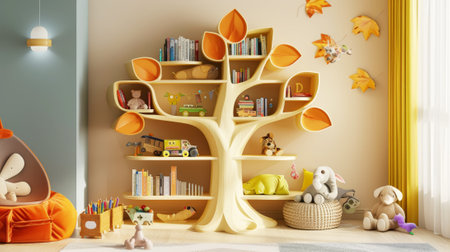 Children's interior with tree-shaped bookshelves. Storage concept. Pastel beige colors. Generative AI.の素材