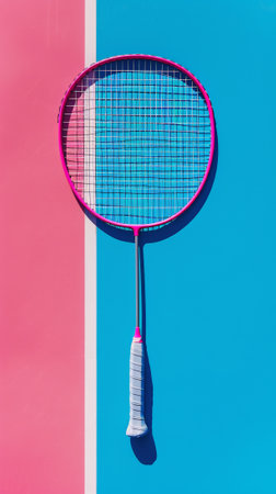 Top view of badminton racket against hot pink and blue backdrop. Sport concept. Generative AI.の素材