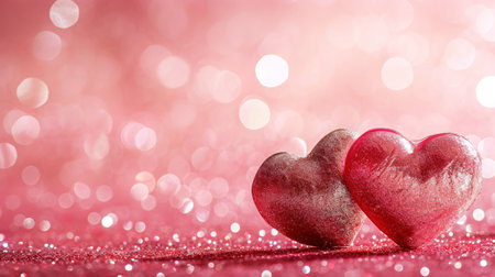 Two sparkling glitter hearts against blurred pink background. Valentine's day. Copy space. Romantic concept. Generative AI.の素材