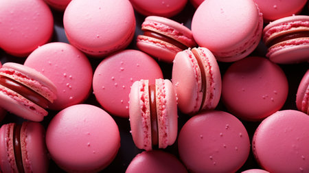 Pink strawberry macarons backdrop. View from above. Aesthetic delicious background. Pastel colour palette. Generative AI.の素材