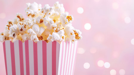 Delicious popcorn spilled from a pink striped cardboard box on a pastel glitter bokeh background. Copy space. Generative AI.の素材