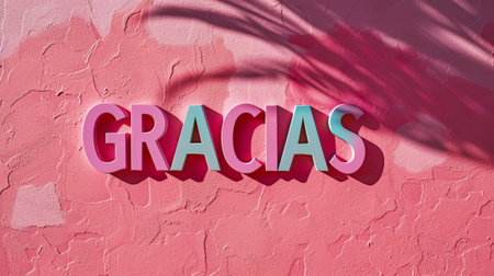 GRACIAS message in 3D lettering style in pink and blue colors. Communication template concept. Generative AI.の素材