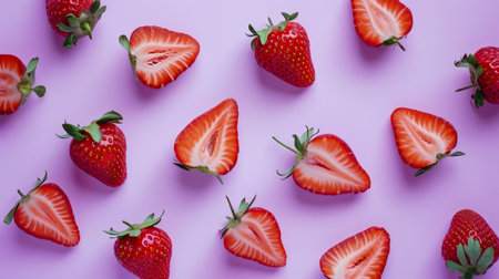 Flat lay of a bright pattern of strawberry halves. Pastel bright purple background. Minimalist food concept. Generative AI.の素材