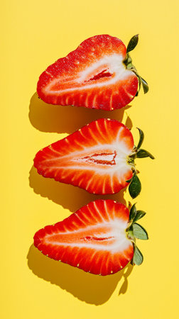 Flat lay of cut strawberries pieces. Pastel yellow background. Minimalist food concept. Generative AI.の素材