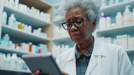 Senior American African female pharmacist using tablet in drug store. Healthcare insurance concept. Generative AI.の素材