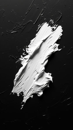 Aesthetic rough smear of face cream or white paint with detailed texture. Dark background with sun rays. Generative AI.の素材