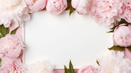 Aesthetic frame mockup decorated with tender light peonies. Invitation or greeting concept Layout. Generative AI.の素材