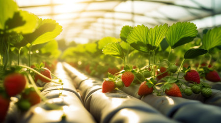 Rows of fresh strawberries grown in greenhouses. Organic agriculture concept. Generative AI.の素材