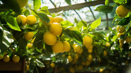Ripe yellow lemons growing on tree in greenhouse. Generative AI.の素材