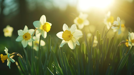 Close-up of yellow daffodil flowers blooming in spring. Bokeh sunny background. Spring landscape concept. Generative AI.の素材