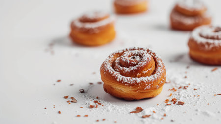 Top view of freshly baked cinnamon buns rolls with sugar and flour. Aesthetic food advertising concept. Generative AI.の素材