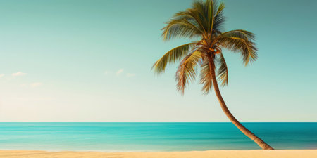 Palm on a sunny tropical sea shore under turquoise sky. Vacation concept. Generative AI.の素材