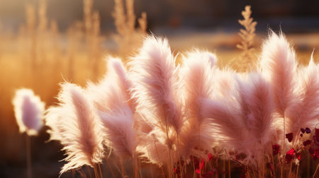 Close up of pampas grass plumes soft and fluffy on a field with sunshine. Generative AI.の素材