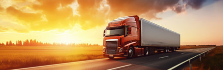 Panoramic view on large truck on a highway road through the countryside in a beautiful sunrise. Generative AI.の素材