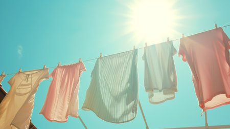 Pastel colored sheets dry on clothesline against the background of blue sunny sky. Laundry day concept. Generative AI.の素材