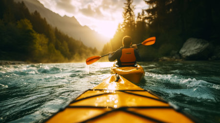 Man in kayak with paddle. Back view. Splashes of water of mountain river. Extreme kayak sport concept. Generative AI.の素材