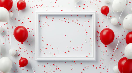 Flat lay of white frame with balloons, confetti. Red color palette. Advertising banner concept. Copy space.Generative AI.の素材