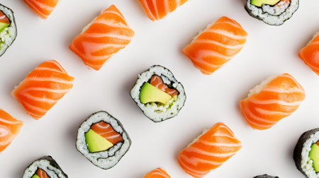 Delicious fresh salmon nigiri and sushi rolls. Light background. Asian cuisine. Aesthetic food concept. Generative AI.の素材