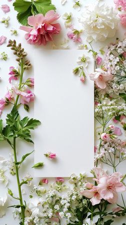 Stylish blank paper card mockup with spring flowers and petals. Luxury greeting card design concept. Generative AI.の素材