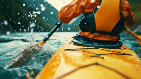 Man in kayak with paddle. Back view. Splashes of water of mountain river. Extreme kayak sport concept. Generative AI.の素材