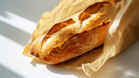 Top view of crispy baguette in paper bag against white background with aesthetic shadows. Bakery concept. Generative AI.の素材