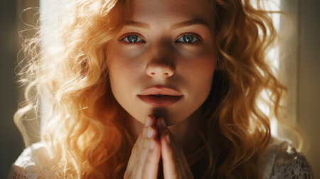 Close up of a blonde woman touching her face with hands. Light color palette. Natural beauty concept. Generative AI.の素材