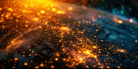 Big city lights view from space. Planet earth globe with night realistic world map. Communication concept. Generative AI.の素材