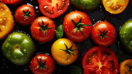 Different varieties of fresh juicy organic tomatoes. Vegetable background. Healthy eating concept. Generative AI.の素材