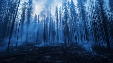 Wild forest fire. Burned trees after forest fires, lots of smoke. Natural disasters concept. Generative AI.の素材