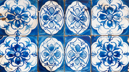 Vintage traditional tile background. Blue azulejos floral pattern. Generative AI.の素材