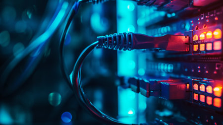 Abstract view of various IT data cables inside a computer conveying information. Dark color palette. Generative AI.の素材