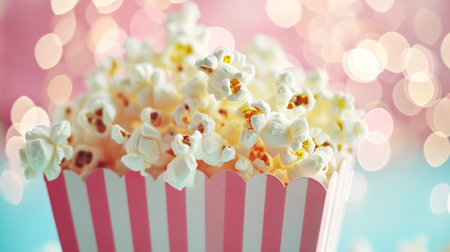 Delicious popcorn spilled from a pink striped cardboard box on a pastel glitter bokeh background. Copy space. Generative AI.の素材