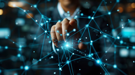 Businessman touching virtual display to connect digital software of network services. Digital future. Generative AI.の素材