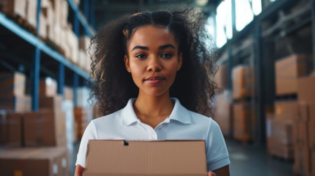 Smiling American African courier woman holding box against the background of warehouse. Delivery concept. Generative AI.の素材