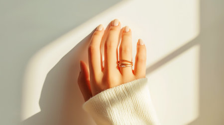 Aesthetic female hand with a light manicure and jewellery. Light sunny background with strong shadows. Generative AI.の素材