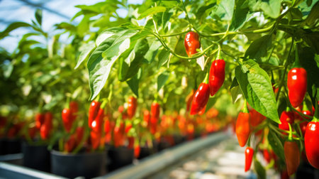 ripe red hot pepper growing on a bush in a greenhouse. Organic agriculture concept. Generative AI.の素材
