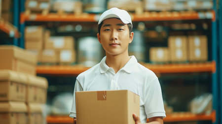 Smiling Asian delivery man holding cardboard box against warehouse background. Delivery concept. Generative AI.の素材