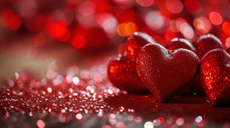 Close up of red glitter hearts on sparkling background. Copy space. Valentines Day. Romantic Concept. Generative AI.の素材
