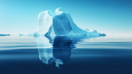 White Iceberg floating in clear blue water sea, under and above water view. Global Warming Concept. Generative AI.の素材