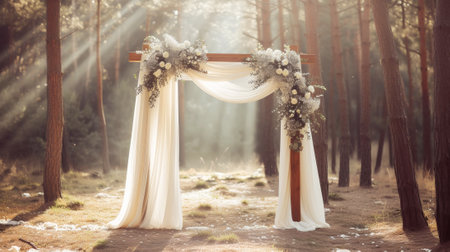 Aesthetic wedding arch with flowers and silk against the forest background. Sunny day. Generative AI.の素材