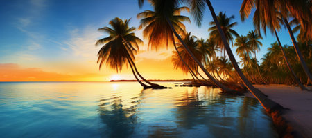 Beautiful sunset at a beach resort in the tropics. Palm trees and ocean coast. Generative AI.の素材