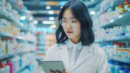 Young Asian female pharmacist using tablet against pharmacy backdrop. Healthcare insurance concept. Generative AI.の素材