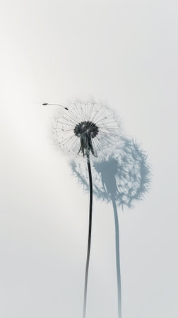 Detailed macro shot of single dandelion with seeds on white background with sun rays. Aesthetic concept. Generative AI.の素材