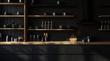 Wooden black scandinavian kitchen storage organization. Perfect open shelves in dark modern kitchen. Generative AI.の素材